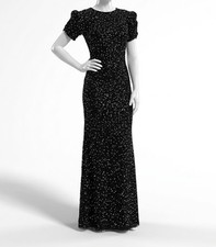 Mac Duggal Women's Black Gathered Short Sleeve Beaded Gown Dress Size 2