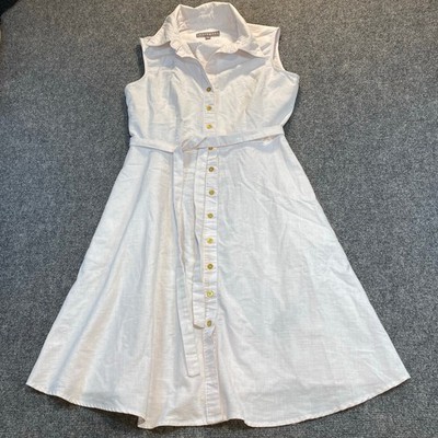 Sharagano Womens 10 White Fit Flare Button Down Shirt Midi Dress Sleeveless