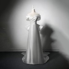 Boho Wedding Dress White Satin Off the Shoulder A-Line Floor-Length Trailing Bow