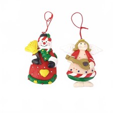 Set of 2 Hand Made Clay Ornaments 1980's Angel and Snowman