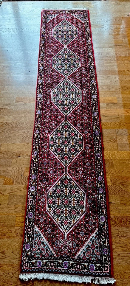 罕见 窄 2 X 9 True Bidjar Runner 地毯 Herati Mahi Scarlet Sage Sky 状况完好 — 第 2/4 张图片