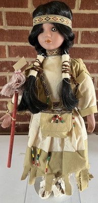 VTG Porcelain Doll Native American Girl Black Hair