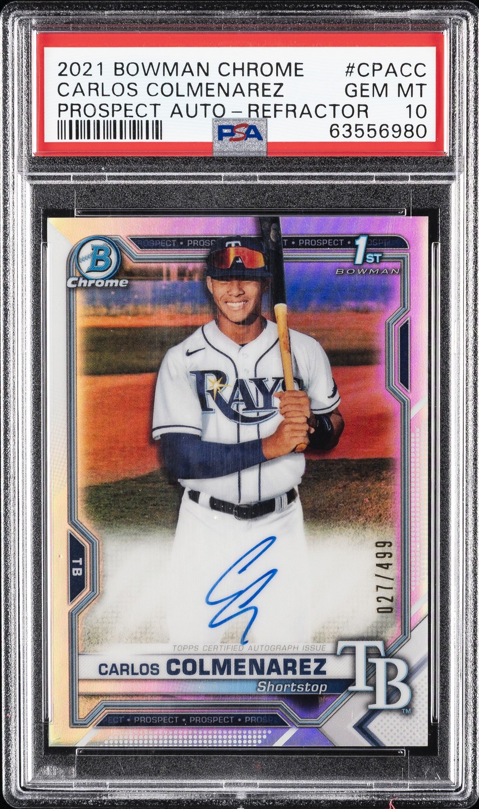 2021 BOWMAN CHROME PRSPCT AUTOS REFRACTOR CARLOS COLMENAREZ #/499 PSA 10 AUTO