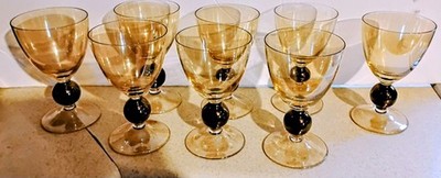 Krosno Poland Art Glass Goblets Brown and Ambe/Handmade/Set Of 8/Elegant
