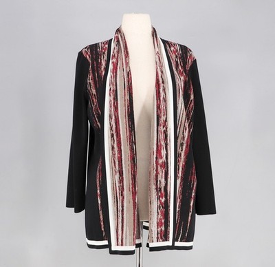 MISOOK Abstract Duster Cardigan Stretch Knit Open Front Black Pink Size L