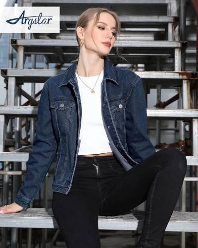 ARGSTAR DENIM JACKET WOMEN BUTTON UP LONG SLEEVE POCKETS SIZE XL DARK BLUE