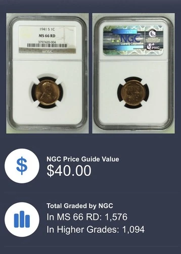 1941-S Lincoln Wheat Cent Penny 1C NGC Graded MS66 RD Beautiful! $40 PRICE GUIDE