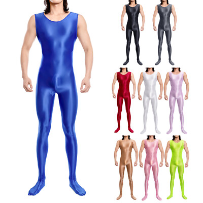 Men's Smooth Glossy Bodysuit – Full Body Jumpsuit, Nylon/Spandex, Zip Closure