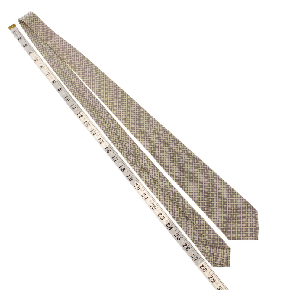 Kiton 全新无标签 100% 真丝七折领带淡黄色带薰衣草/棕色方形 — 第 3/4 张图片