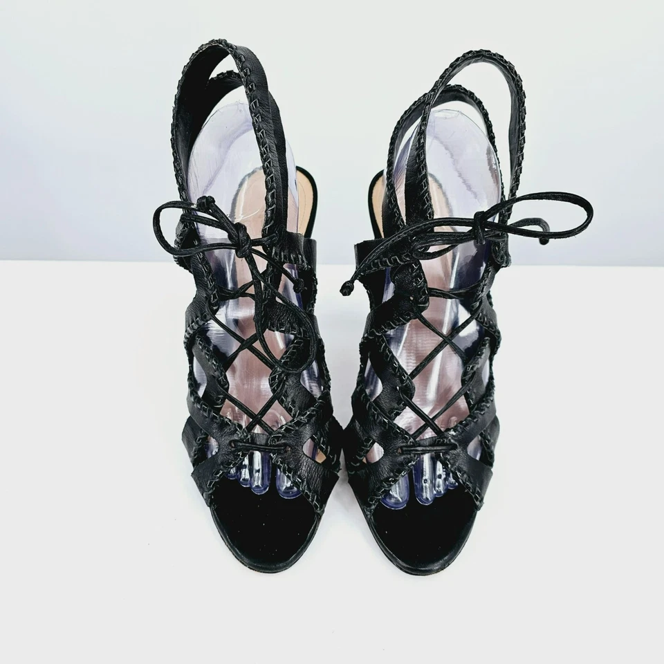 Schutz Lenna Heels 9.5 B Black Leather Strappy Caged Cut Out Lace Up Open Toe - Image 4 of 4