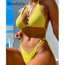 New Wrinkled Metal Rings High Leg Cut Bikini Women Swimwear 2-pieces Bikini Set