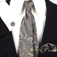 Classic Paisley Gray Brown Jacquard Silk Men's Tie Necktie Hanky Cufflink Set