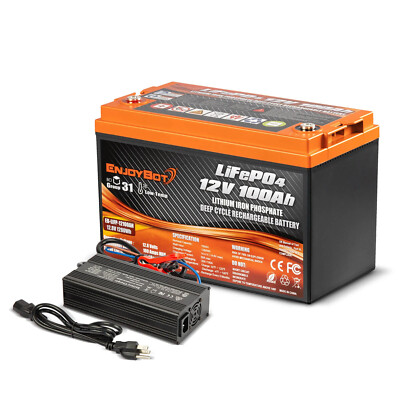 Enjoybot 12V 100Ah LiFePO4 Lithium Battery 100A BMS 6000+Deep Cycle Battery RV
