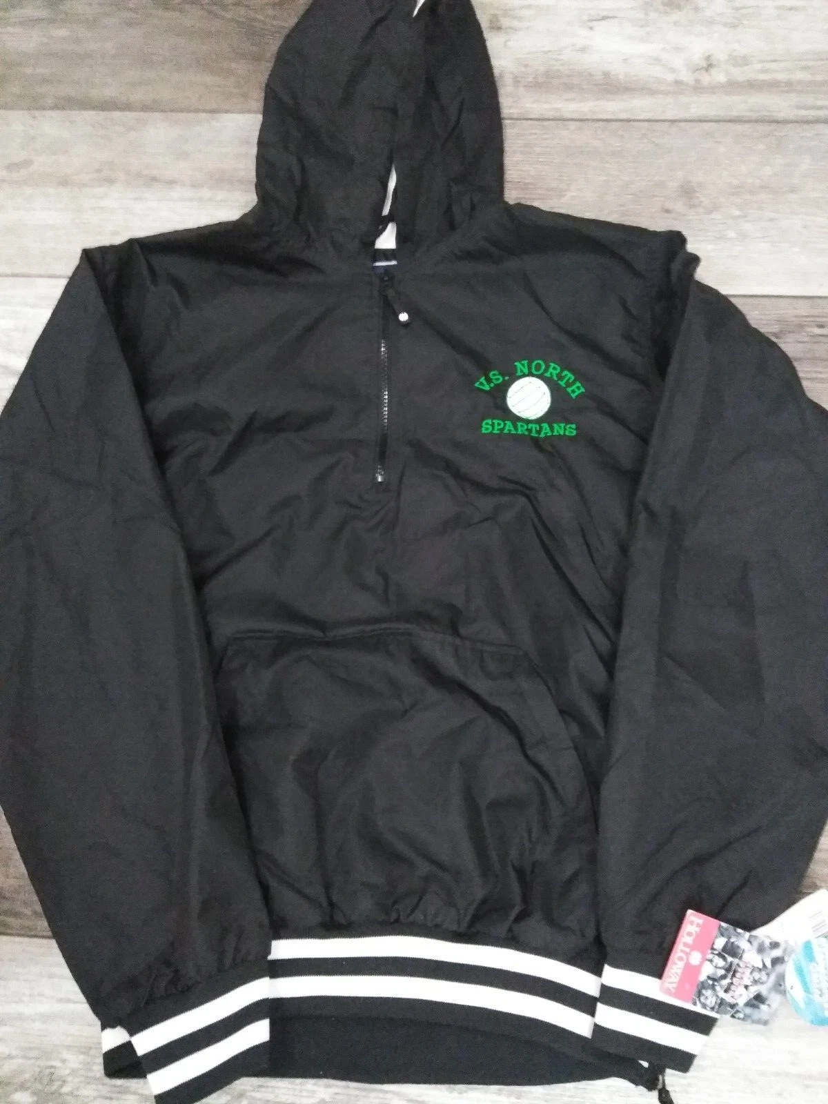 NOS. HOLLOWAY Size M Hooded Pullover Nylon Windbreaker Jacket Lined BLACK (READ)