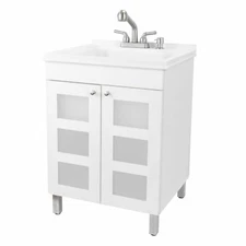 Utility Sink with Cabinet Vanity with Stainless Finish Pull-Out Faucet - White
