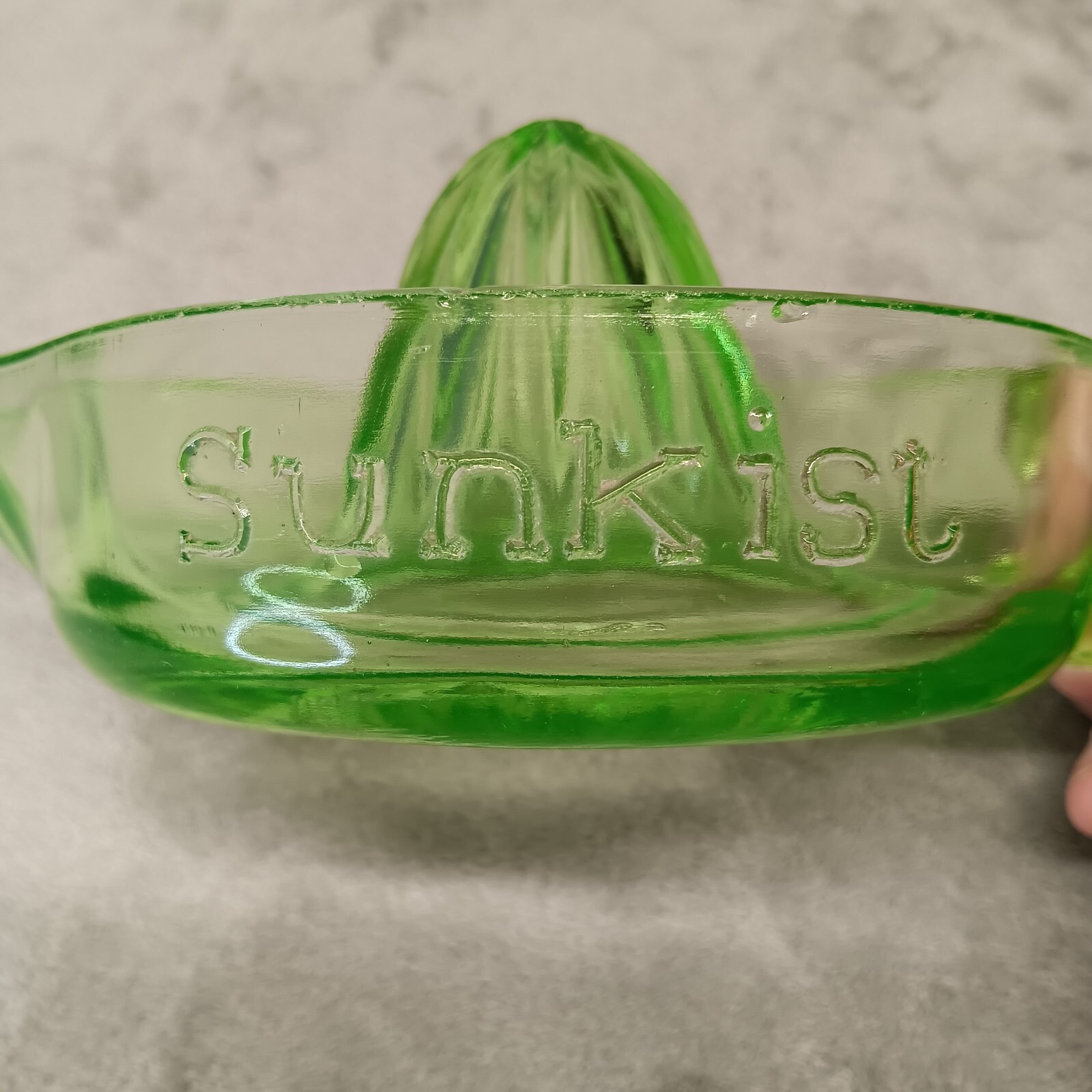 Sunkist Green Uranium Glass Citrus Orange Lemon Juicer USA Depression Era