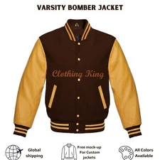 Varsity  Letterman  College Brown Wool & Genuine Gold Leather Sleeve Jacket