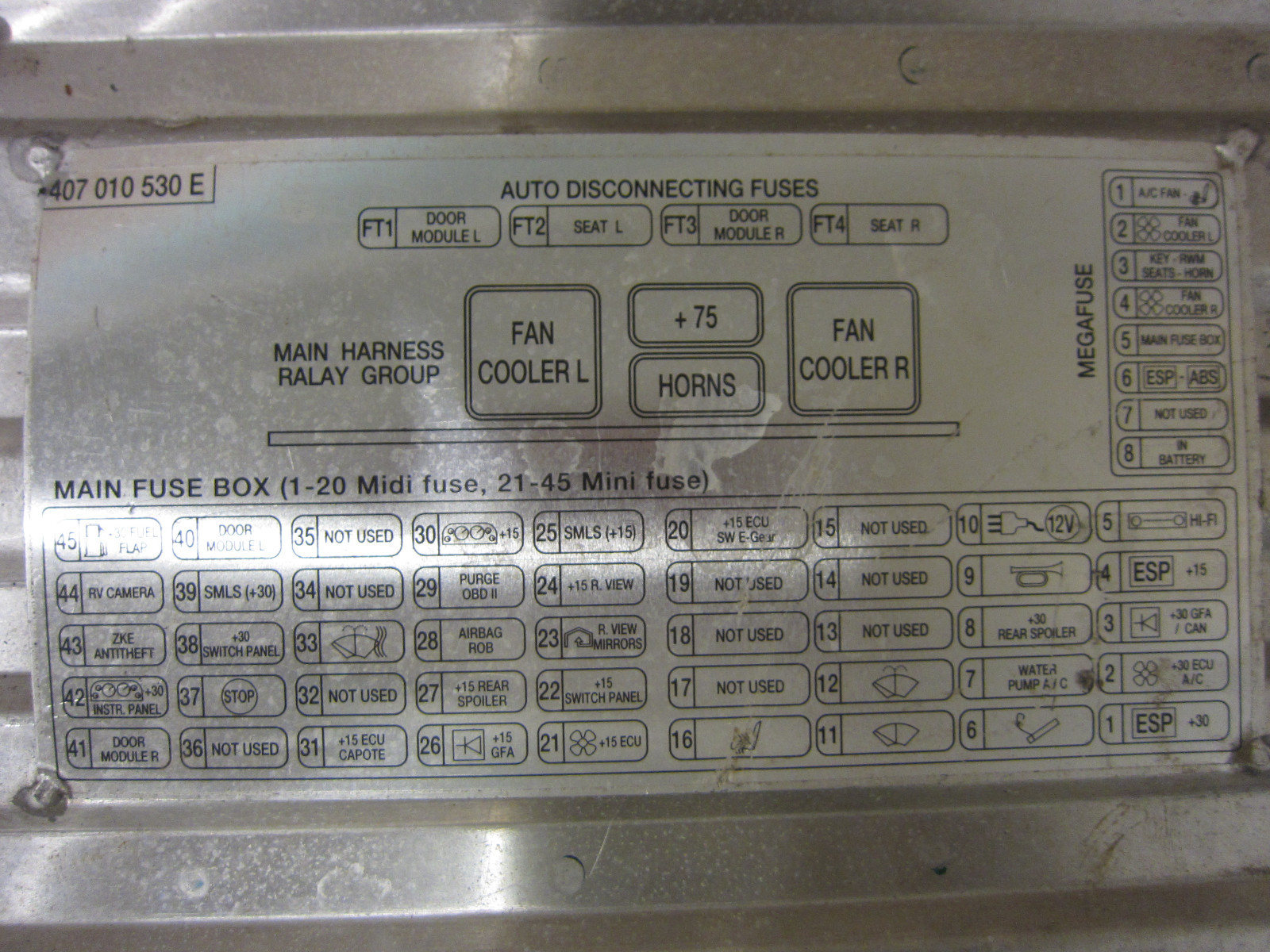 Lamborghini Gallardo Spyder - Relay/Fusebox Nameplate - P/N 407010530E