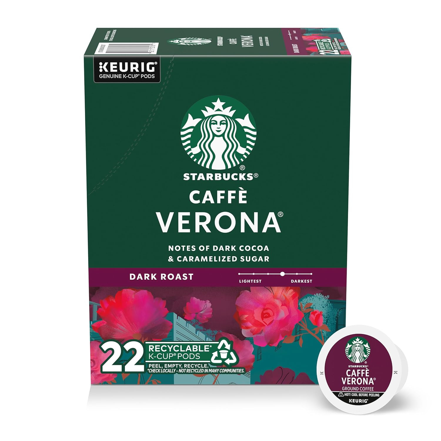 Starbucks K-Cup Coffee Pods, Dark Roast Hot or Iced Coffee, Caff&egrave; Verona, 22 Keu