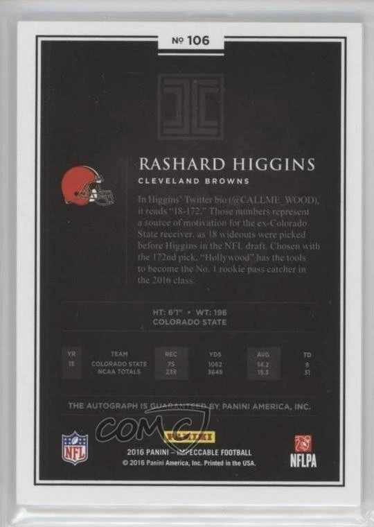 2016 Panini Impeccable Platinum /5 Rashard Higgins #106 Rookie Auto RC - Image 2 of 2