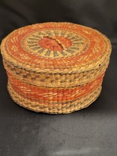 Cesto vintage Sweetgrass rotondo tessuto a mano con coperchio decorazione boho cottage diametro 6"