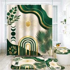 4Pcs Boho Shower Curtain Set, Green Leaf Bathroom Sets, Waterproof Bathroom S...