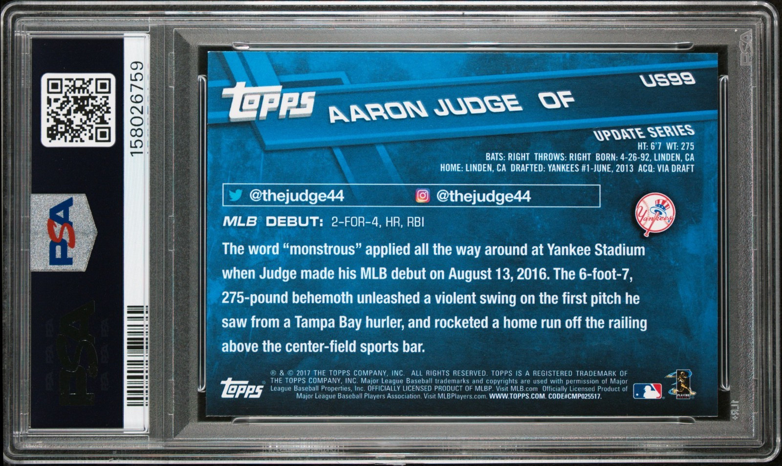 AARON JUDGE 2017 TOPPS UPDATE ROOKIE RC #US99 PSA 9 MINT! NY YANKEES! #158026759 view 2