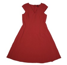 Ann Taylor Dress Womens 10P Red Fit Flare V Neck Cap Sleeve Knee Length Office