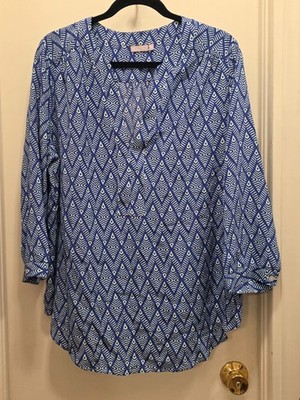 Ellie Kai 100% Silk Blouse Women s Size 16 Blue White Geometric Diamond Tunic