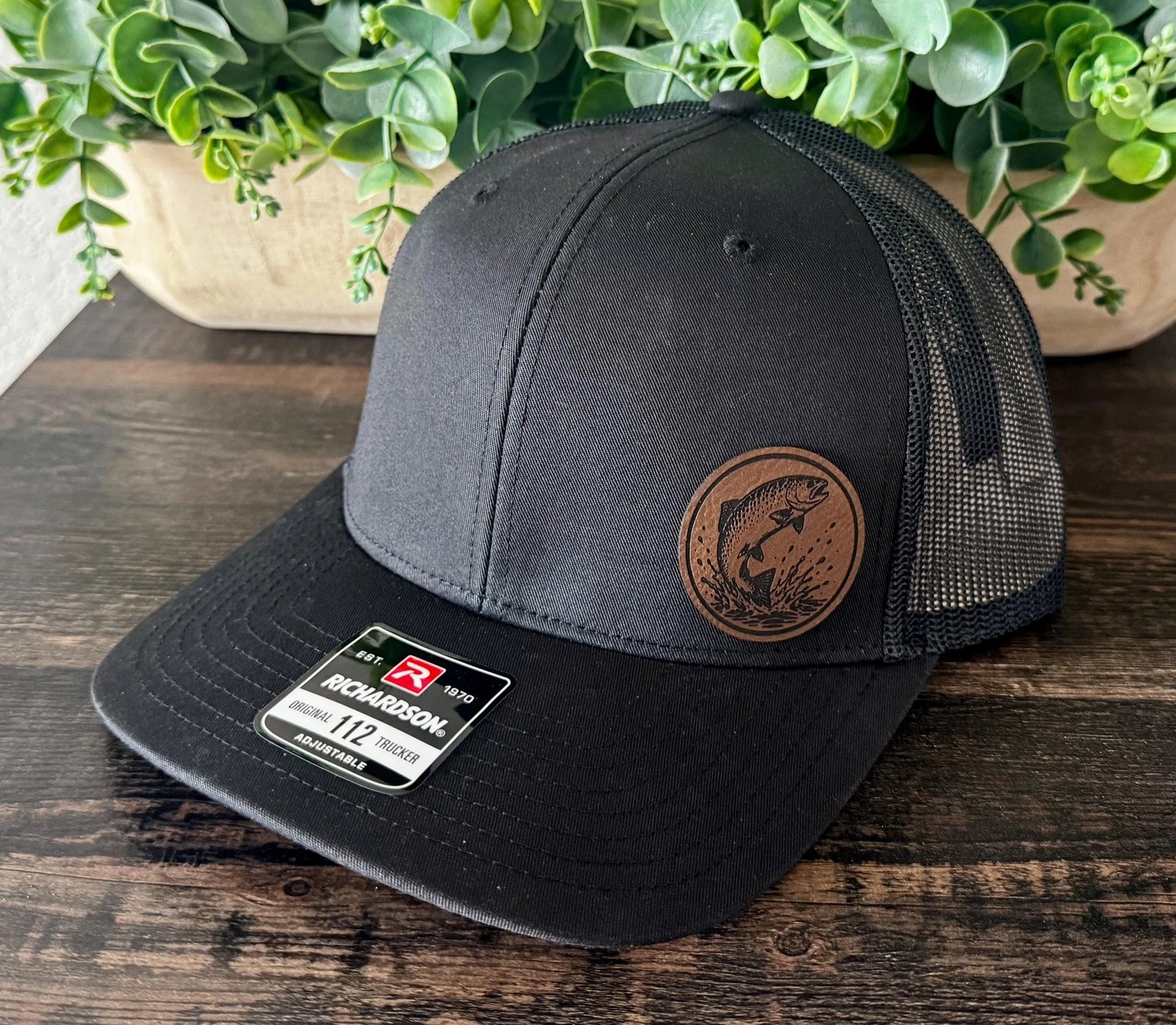 Trout Fish Leather Patch Trucker Hat Fishing Snapback Cap Outdoor Angler