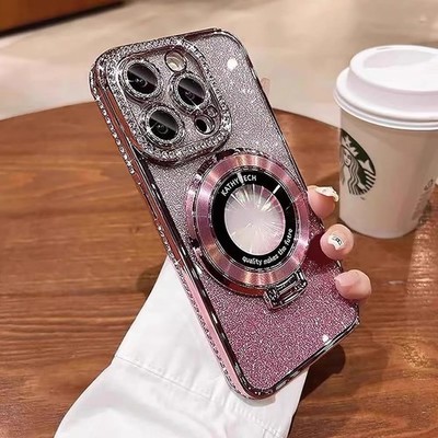 Magnetic Kickstand Case for iPhone 14 Pro Max with Glitter Lens Protector, Pink