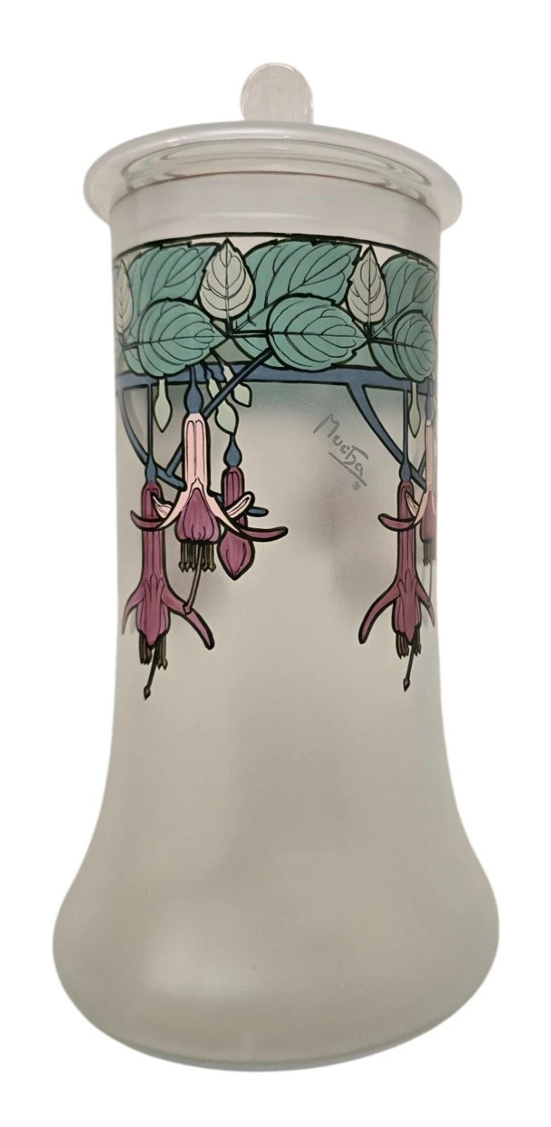 10" Mucha Art Glass Fuchsia Design Satin Glass Canister With Lid