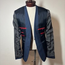 HUGO BOSS Virgin Wool Suit Jacket Navy Blue Pinstrip Super 100 Red Trim 38R NWOT