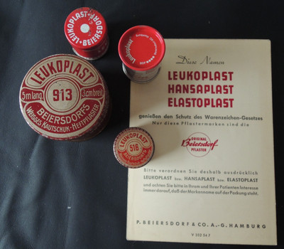 4 alte Blechdosen Leukoplast Beiersdorf Nr. 516, 517, 913, 1562 ca. 1930 - 1970