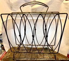 Metal Wire Album Magazine Rack Gold Toned Atomic MCM Mid-Century W/Handle Feet