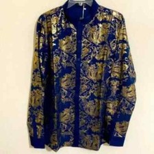 JOGAL Mandarin Button Down Dress Shirt w Metallic Gold Graphics Men's Size S M