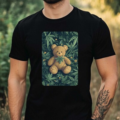 Mens Teddy Bear With Grass Motif Cotton T-Shirt Size XS to 5XL