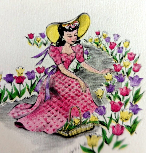 Vintage 1940er Tante Ostern Tulpen Lady Bonnet USA gebrauchte Grußkarte (EB8533)