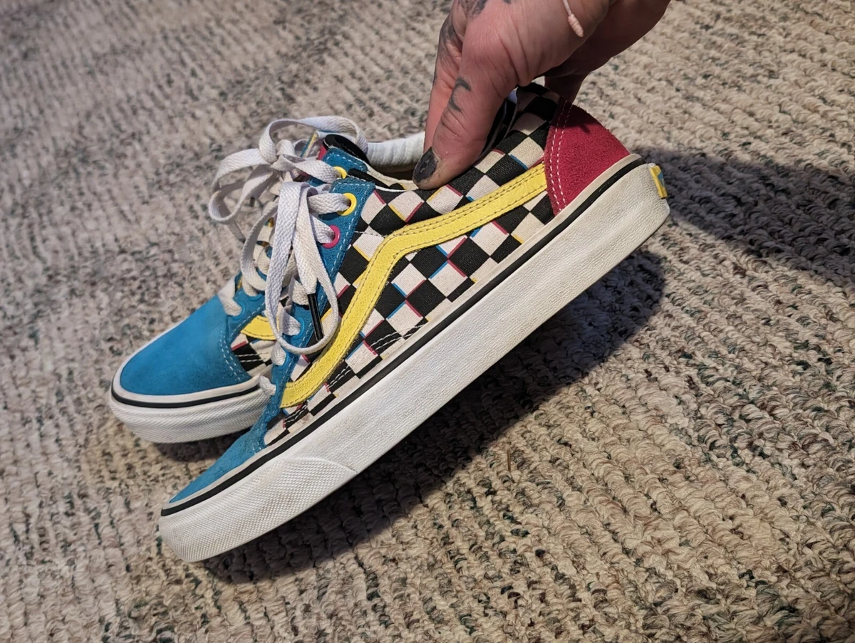 Blue yellow and top pink checkerboard vans