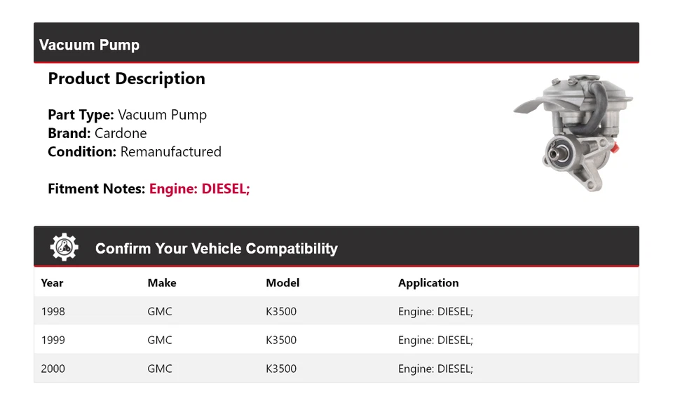 Bomba de vacío Cardone 1999 para GMC K3500 1998-2000 diésel Foto 2 de 4