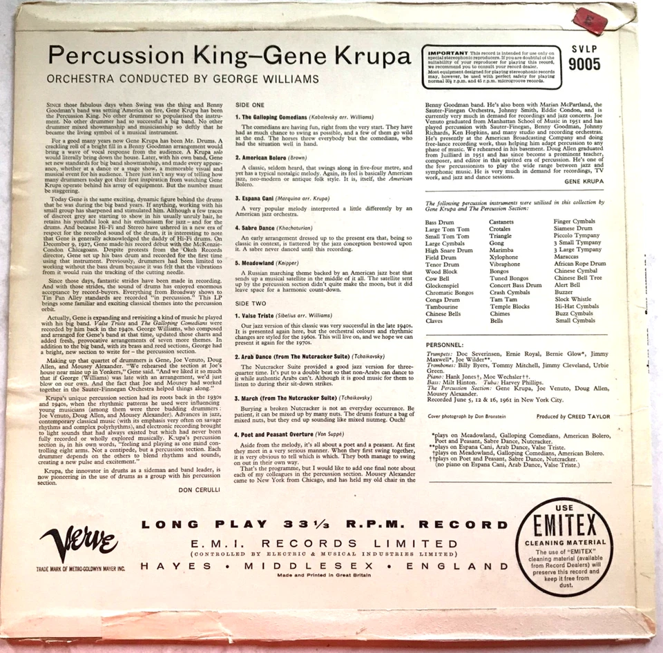 Gene Krupa ‎– Percussion King Vinyl LP Album 1962 Verve Jazz - Image 2 of 4