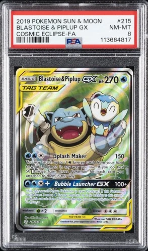 2019 POKEMON SUN & MOON COSMIC ECLIPSE #215 FULL ART/BLASTOISE & PIPLUP GX PSA 8