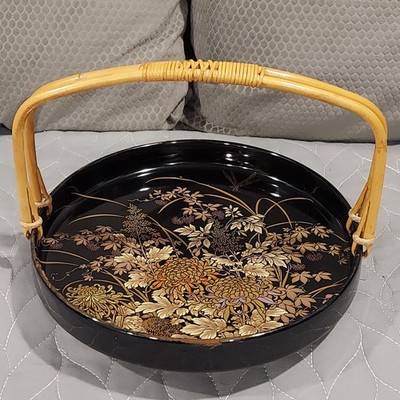 Japanese 8.5  Sushi Serving Tray Dish Bamboo Handle Dragonfly Flower Handpainted