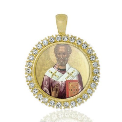 St Nicholas Of Bari Christian Round Medal Gold Tone Pendant with Rhinestones