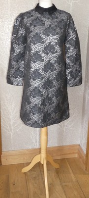 SISTER JANE 60s STYLE BLACK SILVER JACQUARD FLORAL COLLAR TUNIC DRESS L /UK 14
