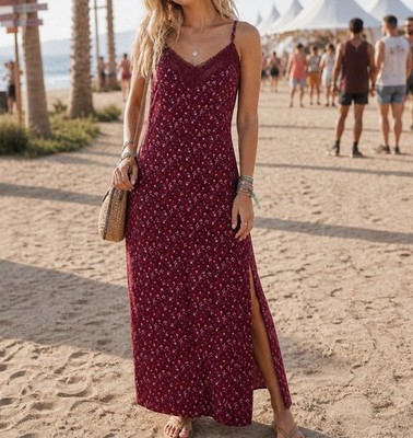 hollister red maxi dress Women's Sofia Maxi Dress in Burgundy Dot Size XXS PETITE from Hollister