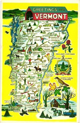 Vintage Vermont ''The Four Seasons State''  Map Seal, Tree, Bird Flower Postcard
