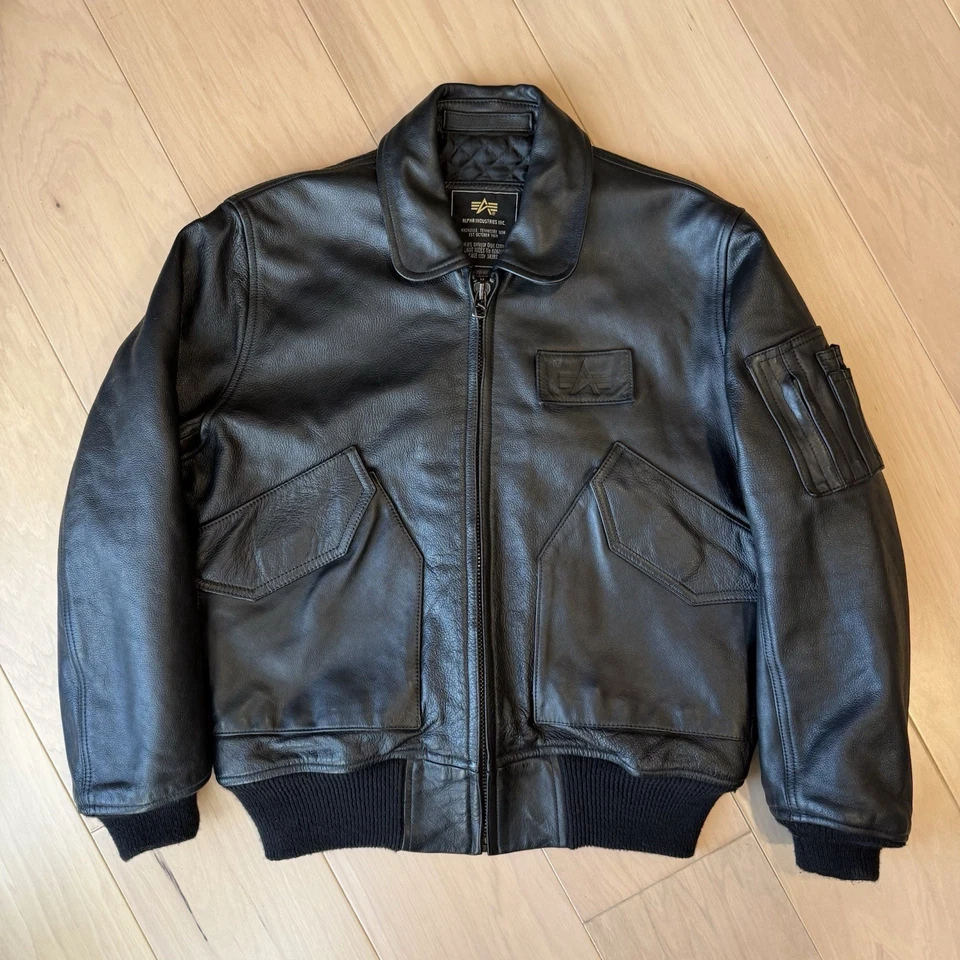 Chaqueta de vuelo de cuero Alpha Industries CWU45 mediana negra cremallera completa militar Foto 2 de 4