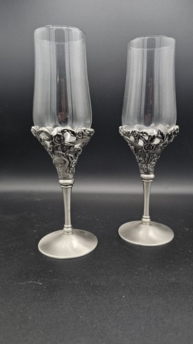 Pair Pewter Glass Champagne Flutes Roses Grapes Wedding Toast Goblets