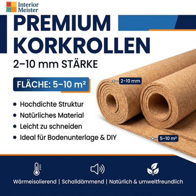Rollenkork Trittschalldämmung 2-10mm 5-10m2 Naturkork Korkunterlage Korkrolle